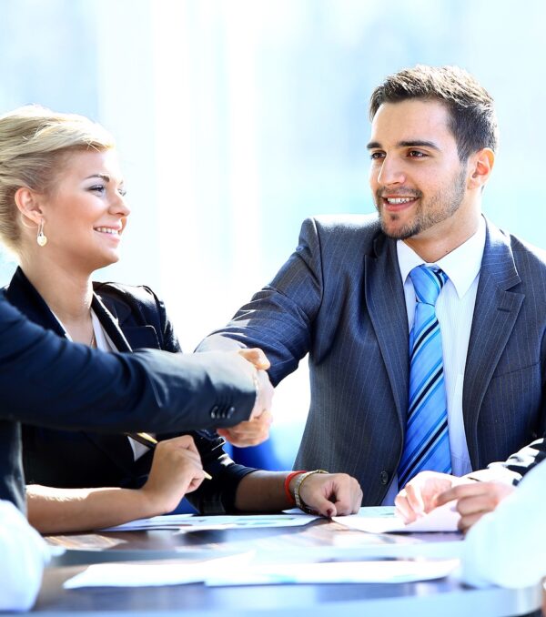 Two business colleagues shaking hands during meeting